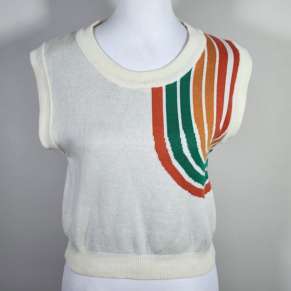 Sweater Vest Womens Large White Rainbow Stripe Retro Cotton Mod Kitsch Indie